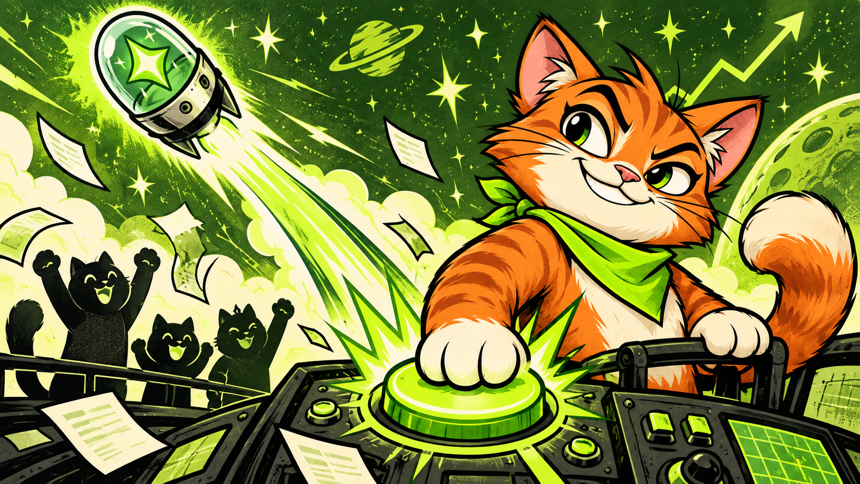 Catpad mascot sending an idea into orbit while other cats cheer
